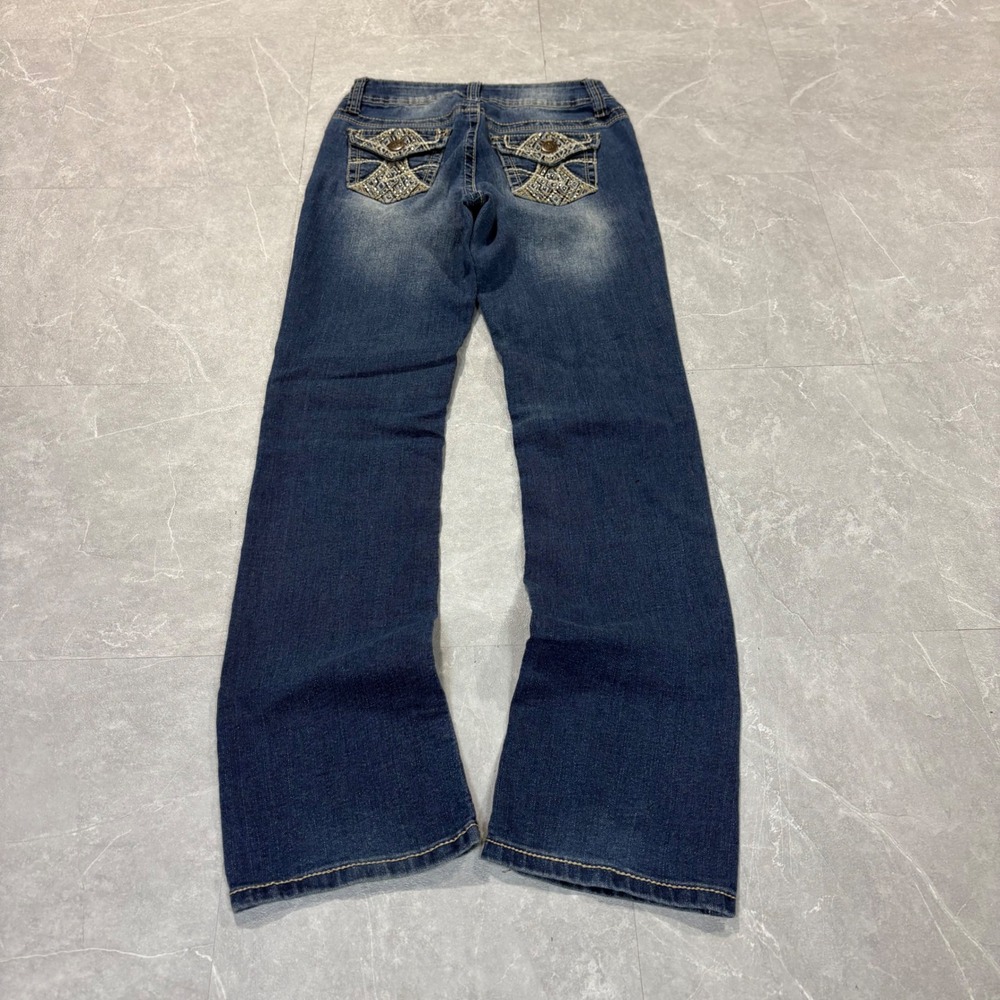 No Boundaries Womens Dark Wash Embroidered Flap Pocket Bootcut Jeans Size 5